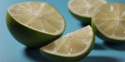 Slice of lime wrapped like candy on bright blue background Minimal fruit concept Top view Copy space. photo