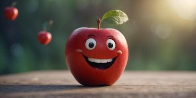 A cheerful animated red apple with a smile on its face. photo