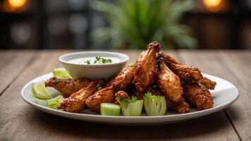 Plate of spicy cooked chicken wings with celery and dip on wooden table. photo