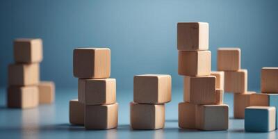 Cube Formation Made of Wooden Blocks on Soft Blue Background. photo