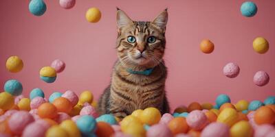A colored cat holds some candies on pink background. photo