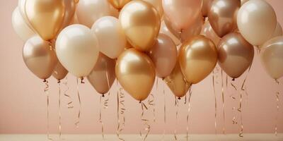 glossy beige and gold balloons on pastel colored background. photo