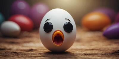 A smiling egg with a black eye and a black mouth. photo
