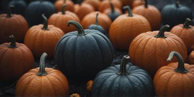 Pumpkins on a gloomy gothic background Halloween concept Background with selective focus and copy space. photo