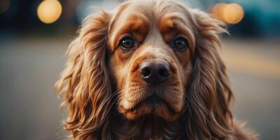 A close up shot of a cute fluffy cocker spaniel dog. photo