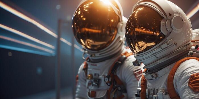 Astronaut in spacesuit and helmet reflection of a space. photo