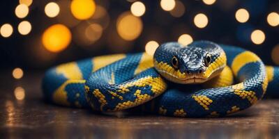 A yellow and blue snake sits in front of a string of lights. photo