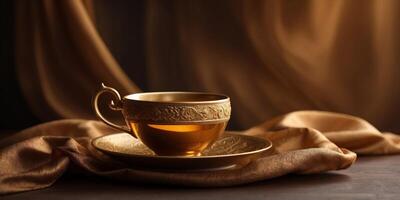 Golden cup of tea on saucer with silky drape on brown background with copy space. photo