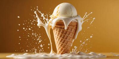 Vanilla ice cream cone splashing in milk on a yellow background. photo