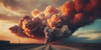 Awesome radioactive clouds fall fast into industrial desolation. photo