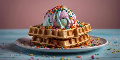 waffle color ice cream with colorful sprinkles. photo
