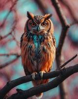 A colorful owl is sitting on a branch in the style of neon colors. photo