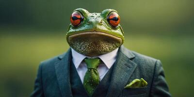 Funny frog in a suit and glasses on a green background. photo