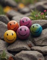 Colorful Smiley Face Balls on Stone Surface with Nature Background. photo