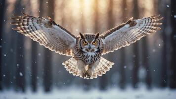 Owl flying through snowfall wings spread forest background dynamic and wintry. photo