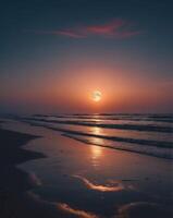 Serene Full Moon Reflected on a Tranquil Beach at Twilight. photo