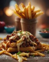 Savory Cheesy Loaded Fries with Ground Beef and Chives. photo