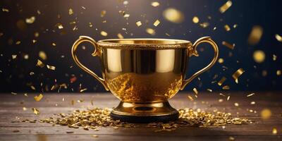 A gold cup with a gold rim sits on a table with confetti falling around it. photo