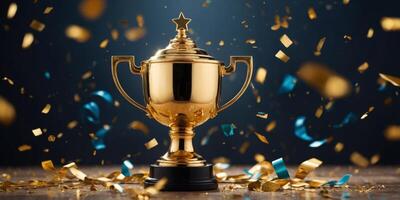 A gold trophy is sitting on a table with confetti around it. photo