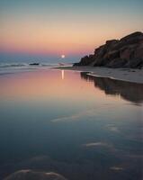 Serene Full Moon Reflected on a Tranquil Beach at Twilight. photo
