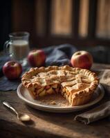 Freshly baked apple pie on a rustic table. photo
