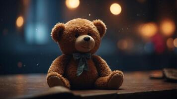 Lonely Teddy Bear in Dark Room Symbolizing Solitude and Nostalgia. photo