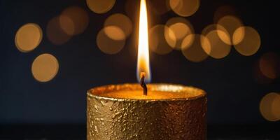 A gold candle with a flame is lit on a dark surface. photo