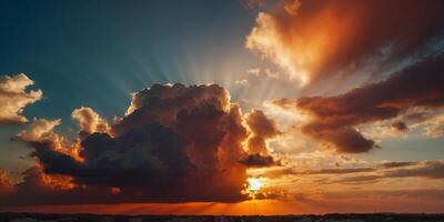 A large cloud of orange and red clouds with a bright sun in the middle. photo