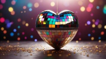 heart shaped disco ball on gradient background with bright rays of light and confetti. photo