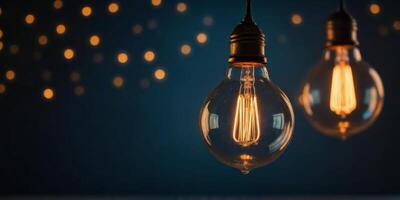 A light bulb is lit up and hanging from a string. photo