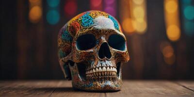 A skull with colorful designs sits on a wooden table. photo