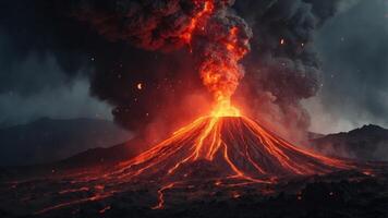 Volcanic eruption with glowing lava flows. photo