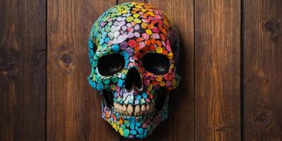 A colorful skull banner hangs on a wooden wall. photo