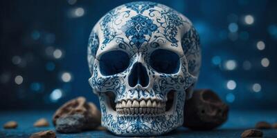 A white skull with blue designs on it is on a blue background. photo