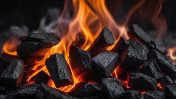 A close up of a fire burning in a pile of charcoal. photo