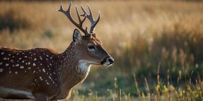 A deer with white spots on its face is standing in a field. photo