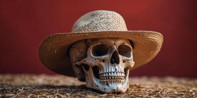 A skull is sitting on a red background with a straw hat on top of it. photo