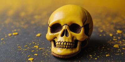 A skull cookie is sitting on a yellow background. photo