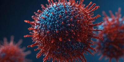 A close up of a virus with a red and blue color scheme. photo