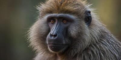 A cute charismatic closeup of a baboon in a scientists coat. photo