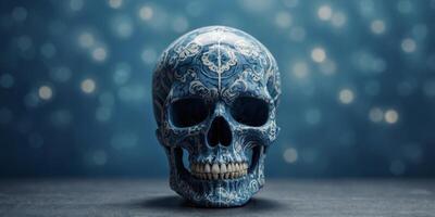 A skull with blue and white designs is on a blue background. photo