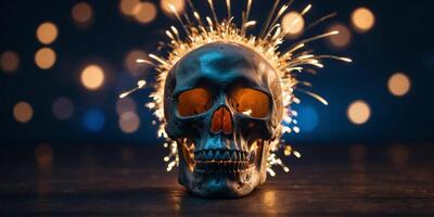 A skull with a firework in the background. photo