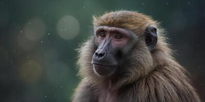 A cute charismatic closeup of a baboon in a scientists coat. photo