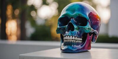 A colorful skull with a smile on its face is displayed on a white pedestal. photo