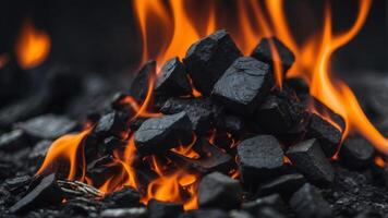 A close up of a fire burning in a pile of charcoal. photo