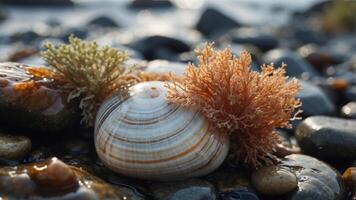 Striped shell and seaweed on wet rocks by shore. photo