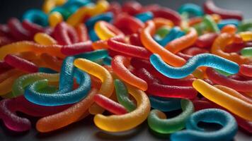 Multicolored gummy worms arranged on light background. photo