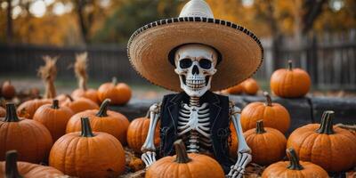 A skeleton wearing a sombrero and smiling with pumpkins in the background. photo