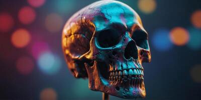 A colorful design of a skull with two birds on either side. photo