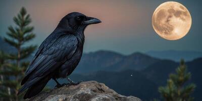 A crow is perched on a rock in front of a full moon. photo